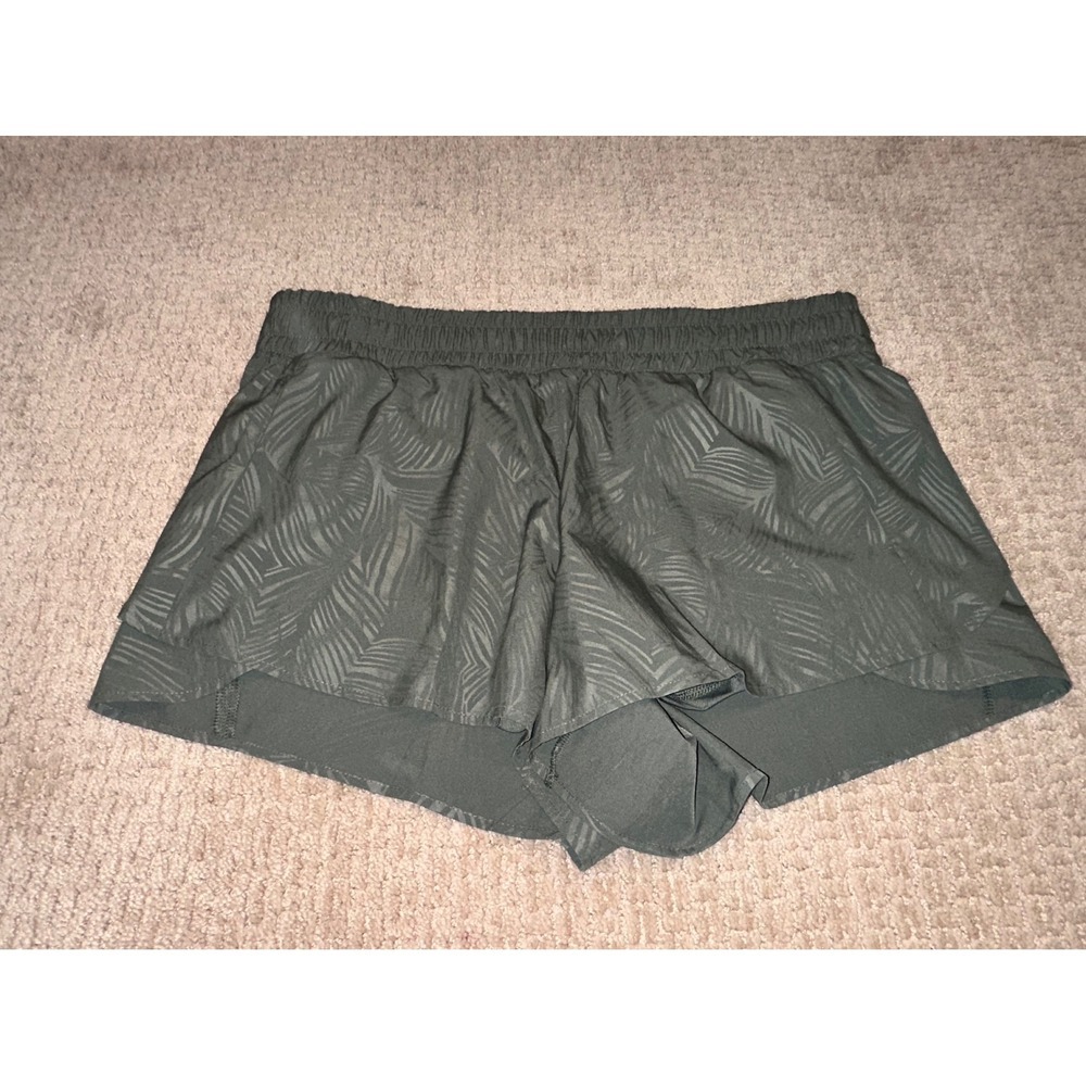 Women's Avia Athletic Shorts Running Gym Palm Print Lined Pocket Olive Green XL